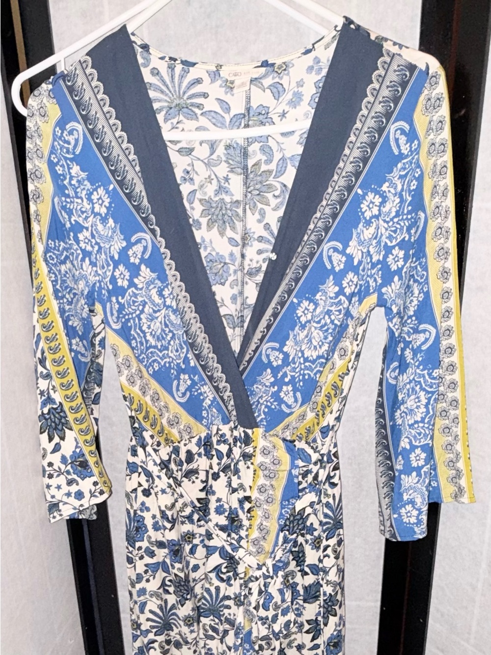 Cato Blue and White Floral Dress with Yellow Detail